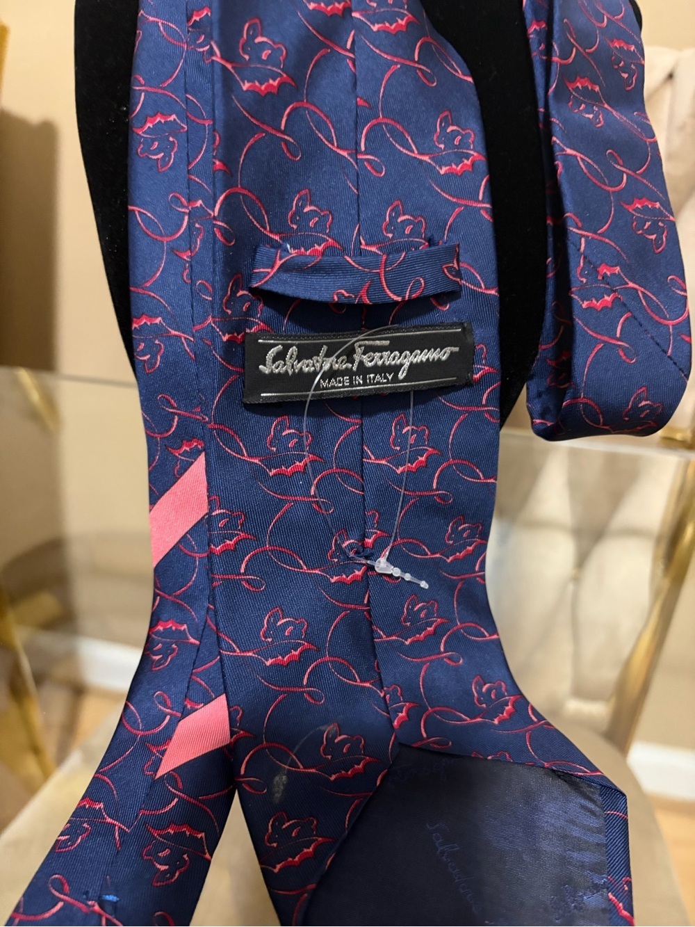 Salvatore Ferragamo Navy and Pink Patterned Silk Tie